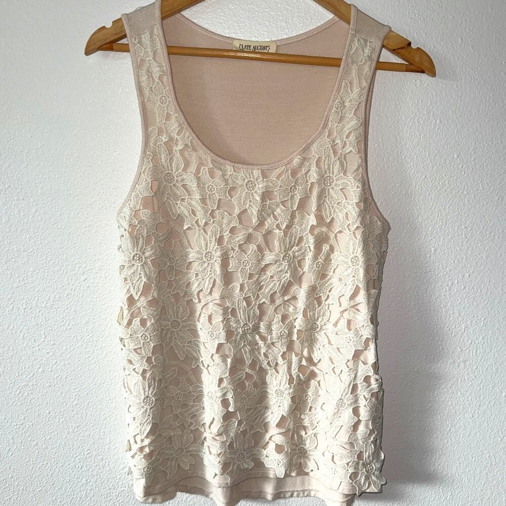 Late August Cream Tank Top‎ Crochet Lace Overlay Front Size S